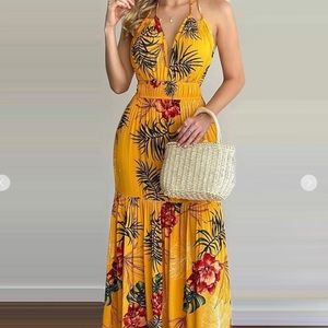 Tropical Print Halter backless Maxi Dress